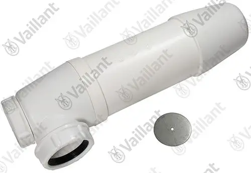 Vaillant Siphon in rechteckiger Form, aus weißem Kunststoff, mit einem Anschluss auf der linken Seite und einem runden Deckel in der Mitte.